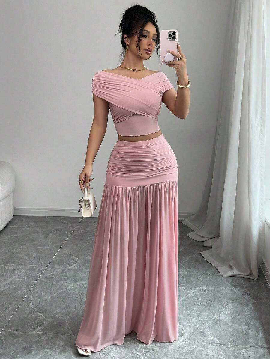 2pcs/Set Women Solid Color Short Sleeve Top And Skirt Set, Minimalist & Fashionable, Suitable For Summer - Pink - View 1