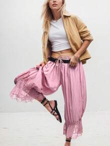 Women Y2K Half Slip Under Dress Pettipants Mid Rise Lace Patchwork Bloomers Trousers Ruffle Pantaloons Cropped Flared Pants Cute Pumpkin Long Pants - Hồng - Xem 2