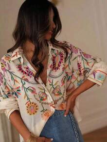 Women's Colorful Embroidered Long Sleeve Casual Slim Fit Polyester Blouse Vacation - Multicolor - View 3
