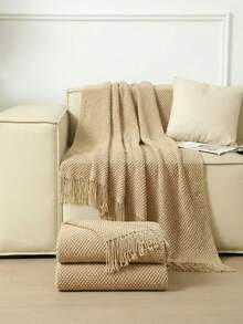 1pc Solid Color Knitted Throw Blanket With Tassels, Soft Textured Woven Blanket For Couch Sofa Bed Living Room Home Decor - YU Khaki - View 9