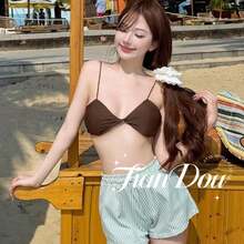 Mint Chocolate Fresh Island Vacation Energetic Girl's Relaxed Style Swimsuit Bikini Three-Piece Set For Summer - Brown Three-piece Set - View 5
