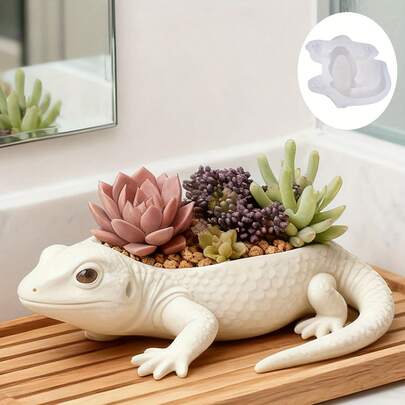 1PC 3D RealisticLeopard Gecko Silicone Mold For Large Succulent Planter - Long Gecko Resin Concrete Flower Pot Mold, Easy Release Reptile Garden Decor, Boho Minimalist Home Gift For Plant Lovers