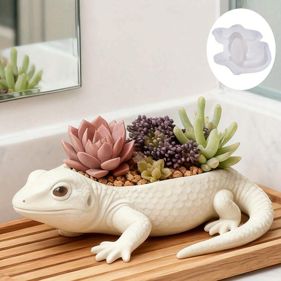 1PC 3D RealisticLeopard Gecko Silicone Mold For Large Succulent Planter - Long Gecko Resin Concrete Flower Pot Mold, Easy Release Reptile Garden Decor, Boho Minimalist Home Gift For Plant Lovers - A - View 1