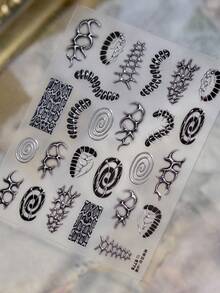 5D Embossed Gothic Spine & Spider Web Nail Stickers, Silver Metallic Punk Snake Scale Nail Decals, Ultra-Thin Self-Adhesive Nail Art Supplies, 1 Sheet - Black - View 4