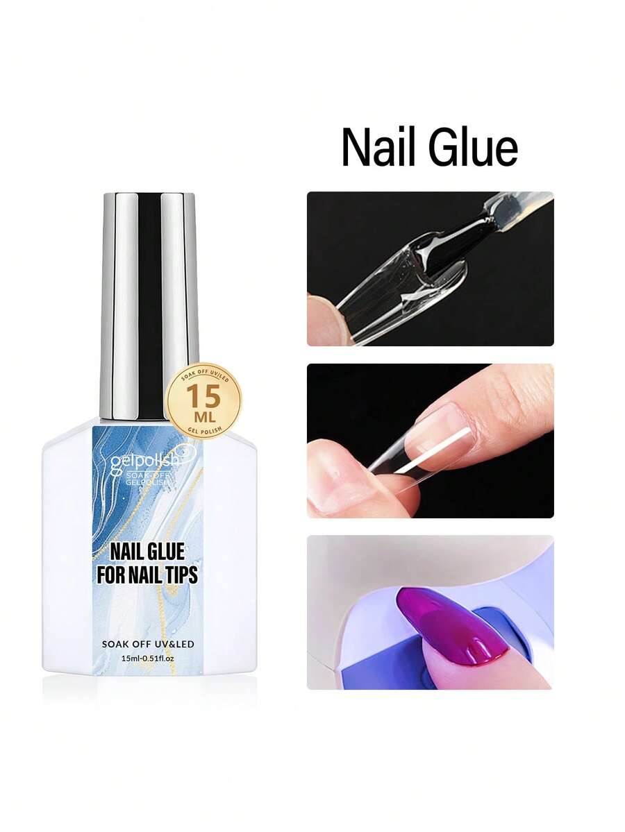 GELPOLISH 1/2/3pcs 15ml Nail Glue, Nail Adhesive With Brush, Suitable For Nail Tips, False Nails, Super Strong & Long-Lasting Acrylic Nail Glue, Gel Nail Glue Requires UV/LED Lamp