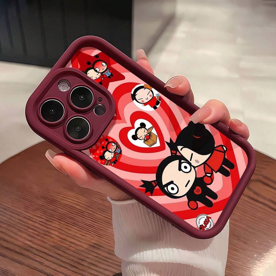 Funda para móvil Pucca and Friends con estampado de corazones, compatible con Samsung, Apple, VIVO, OPPO, , , y Honor. Fabricada en TPU, ofrece protección contra golpes y caídas. Un regalo ideal para amigos y familiares. - Vino tinto - Ver 1