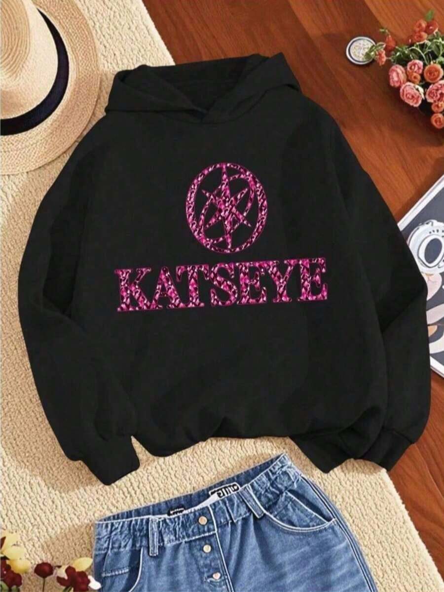 Pink KATSEYE Logo Women Hooded Sweatshirt - Long Sleeve Casual Sweater With Iconic K Logo, Warm Winter & Playwear, Easy-Care Letter Print Sweater ( & Sizes, Hand Wash/Dry Clean),Women Clothes, Women's Tops, Tops For Women, Tops, Baggy Shirts,Festival Outfits, All Season Wear - 黑色 - 查看 1