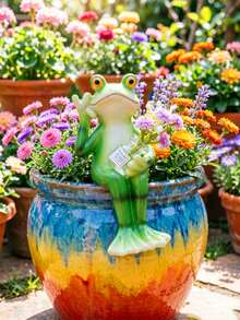 1 Set Frosch Skulptur, Gartendekoration, Frosch trinkt Wasser/Saft Skulptur, Topfpflanzendekoration, Gartenfrosch Statue, Feengarten Accessoire, Heim Balkon Rasen Hof Dekoration - B - Übersicht 4