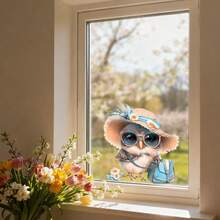 1/3pcs Cartoon Style Animals Static Window Film. Cute Owl With Hat Glasses And Florals. Removable PVC Material, Non Adhesive Reusable Window Decals. For Living Room Bedroom Kitchen Glass Door Spring/Summer Nature Aesthetic Home Decor. - Multicolor - View 5