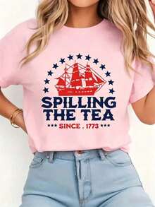 1pcsFunny 4th Of July Spilling The Tea Since 1773 Fourth Of July T-Shirt Print T-Shirt Casual Comfort Tee-Women Casual Going Out Tees - 粉色 - 查看 14
