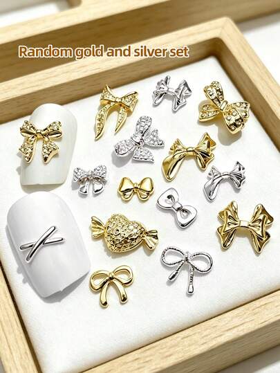 Bộ 20/40 chiếc nơ trang trí móng tay màu vàng/bạc ngẫu nhiên, phụ kiện nghệ thuật móng tay nơ kim loại 3D dễ thương, thích hợp cho bé gái và phụ nữ.