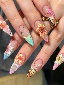 24pcs Western Style Almond Shaped Embossed Nail Stickers: 3D Matte Floral & Ombre Tiger Print Nail Art Decals Nails - Multicolor - View 2