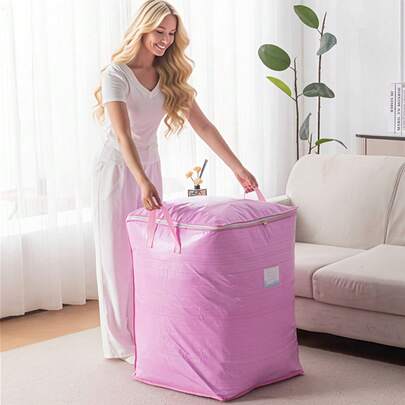 1pc PE Material Portable Bag, Pink Minimalist Design - Durable Polyethylene Reusable Travel Storage Bag, Large Capacity Clothing Organization And Storage Bag, Home Apparel Sorting And Storage, Sturdy Handle Design