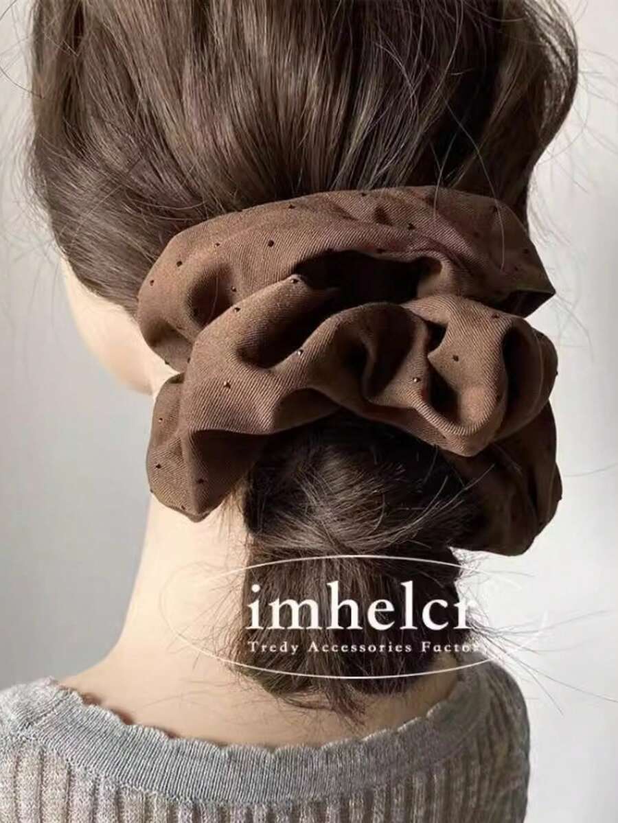 Brown Maillard Polka Dot Rhinestone Embellished Large Hair Scrunchie, Versatile Fashionable New Design For Women - Multicolor - View 1