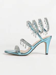 Women's Stiletto High Heel Sandals, Fashion Minimalist Strap With Rhinestone Snake Wrap Round Toe, Suitable For Summer And Autumn - Blue - View 2