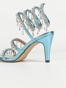 Women's Stiletto High Heel Sandals, Fashion Minimalist Strap With Rhinestone Snake Wrap Round Toe, Suitable For Summer And Autumn - Blue - View 5