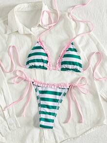 PEPPERMOLLY Conjunto de bikini de 2 piezas con volantes y tirantes a rayas para vacaciones en la playa - Verde - Ver 4