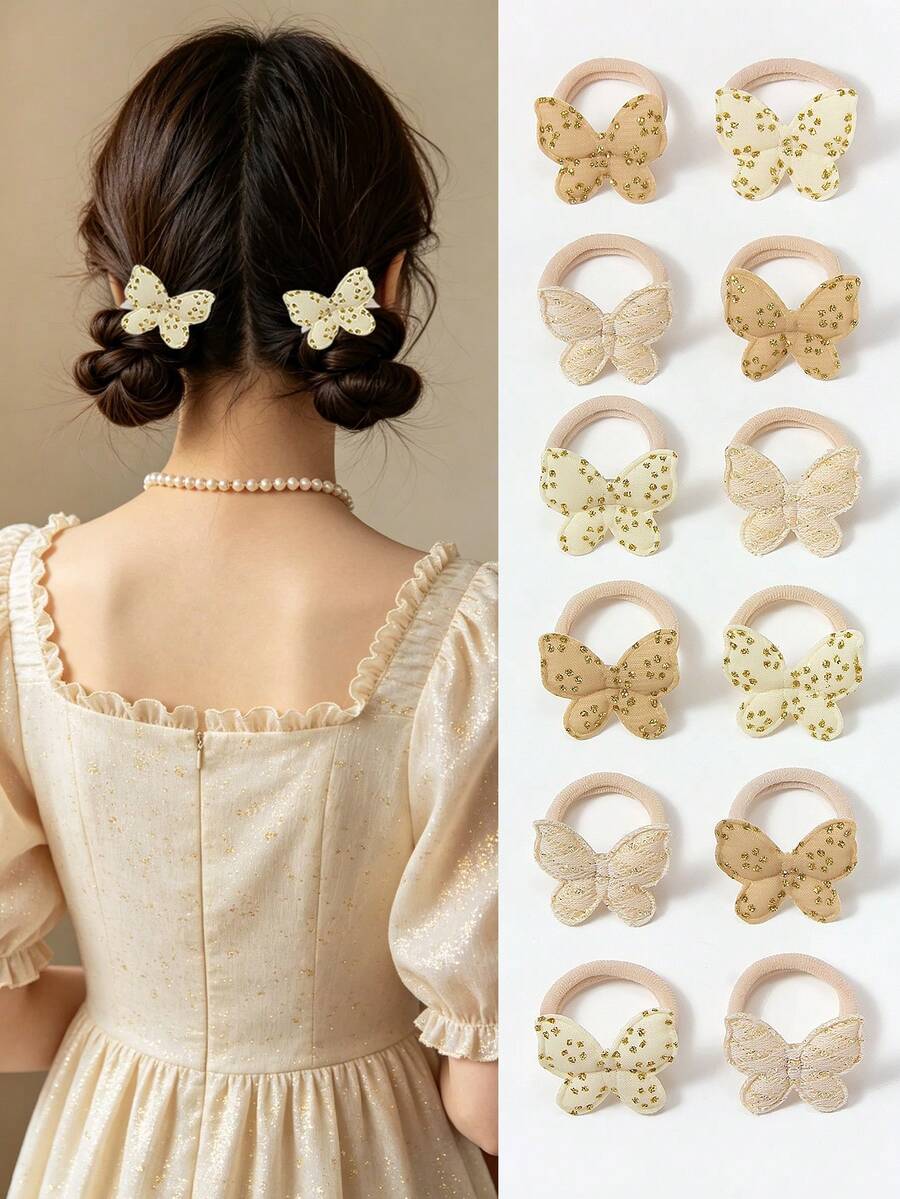 10pcs Cute Girl Lovely Beige Fabric Butterfly Hair Scrunchies, Elegant Gold Glitter Hair Ties, High Elasticity Hair Bands, Princess Hair Accessories For Party & Daily Wear