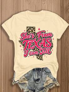 She's From Texas I Can Tell Retro Vintage Texas Girl T-Shirt,Women Summer Casual Graphic T-Shirt - 杏色 - 查看 9