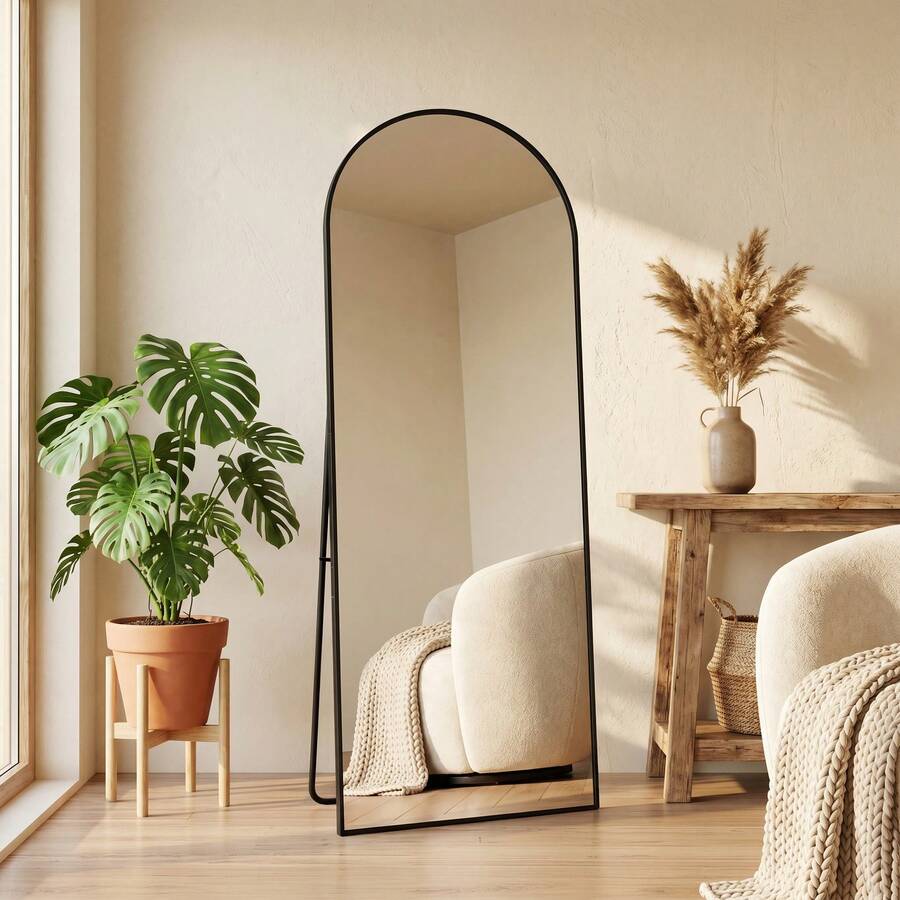 Caluself Curved Full-Length Mirror, 162 X 53 Cm, Floor Mirror, For Wall Mounting, Wall-Mounted, Freestanding, With Metal Frame, Suitable For Dressing Rooms, Black - 1PC - View 1