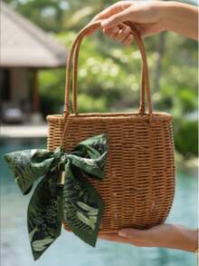 1pc Bohemian Style Print Bucket Bag, Comes With Silk Scarf Charm, Bamboo Basket Bag, Handbag, French Retro Woven Tote, Versatile For Commuting, Business Casual, Travel, Beach, Wedding, Picnic, Vacation - 杏色 - 查看 2