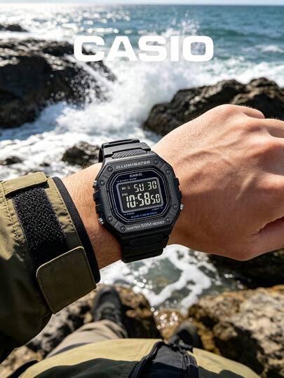 Casio 男士数字运动手表，复古方形黑色树脂表带，LED 背光秒表，夜光跑步手表，适合工作、学习、户外、健身等场合。