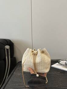 时尚纯色镂空编织链条抽绳斜挎水桶包，小包，沙滩包，编织包，草编包 - 米色 - 查看 3
