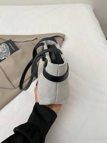 Túi tote đi biển/mua sắm mùa xuân/hè, chất liệu vải lanh, trang trí thắt lưng, màu trơn. - màu đen - Xem 7