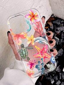 1pc Marine Elements Starfish, Turtle, Jellyfish, Hibiscus, Coral, Dolphin Pattern Soft Perforated Anti-Slip Phone Case, Compatible With IPhone 11/12/13/14/15 Pro Max Waterproof Shockproof Anti-Fall Scratch Resistant - 1 cái - Xem 3