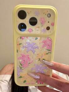 Fresh Lily Flower Glitter Shell Pattern Large Window Phone Case Compatible With IPhone 17 Pro Max, 17 Pro, 15, 16 Pro Max, 15 Pro, 17, 15, Summer Yellow Acrylic Back Cover - Yellow - View 3