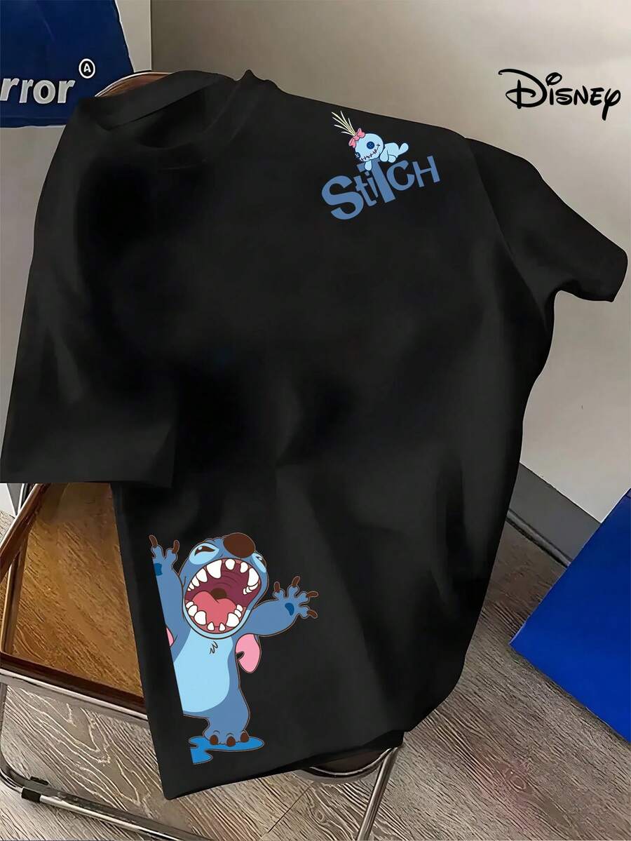 Disney Summer Men's T-Shirt With Stitch Cartoon Pattern, Crew Neck Short Sleeves, Youth Casual All-Match Half Sleeve T-Shirt - Summer Casual Short Sleeve Crew Neck T-Shirt, Regular Fit, Machine Washable, White, Casual Attire, Fashionable A - 黑色 - 查看 1