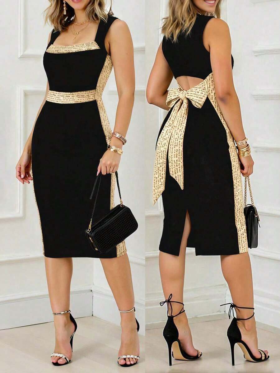 Vestido sin mangas con cuello cuadrado, espalda descubierta, lazo en la cintura y parches de lentejuelas - Negro - Ver 1