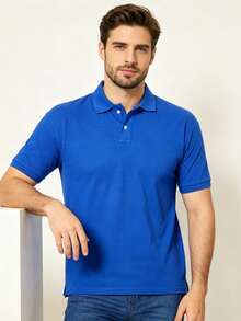 Men's Basic Short-Sleeve Polo Shirt, Breathable Cotton, Casual, Stylish, Various Colors - 藍色 - 查看 3