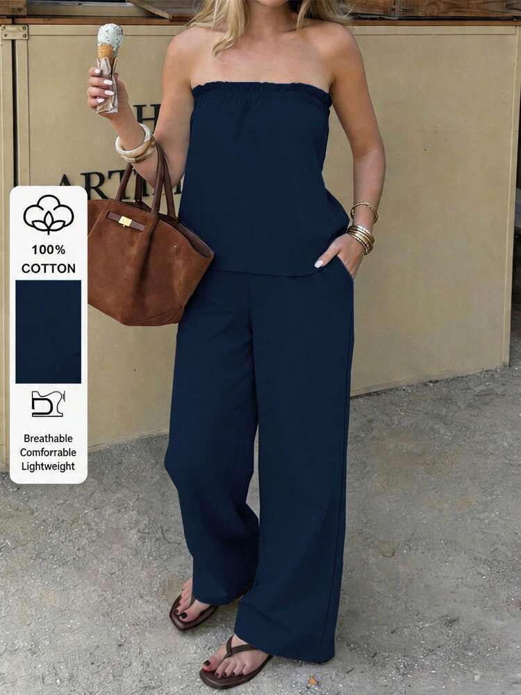 Bộ đồ 2 mảnh thanh lịch 100% cotton dành cho nữ của PoPoHouse: Áo hai dây có bèo nhún + Quần ống rộng, trang phục thường ngày cho kỳ nghỉ. - Màu xanh hải quân - Xem 7