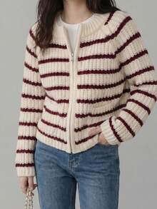JIANHU Red & Burgundy Striped Knit Cardigan - Full Zip Up Sweater With Ribbed Cuffs And Pockets, Suitable For Christmas Markets And Casual Office Wear, Autumn/Winter - Red - View 2