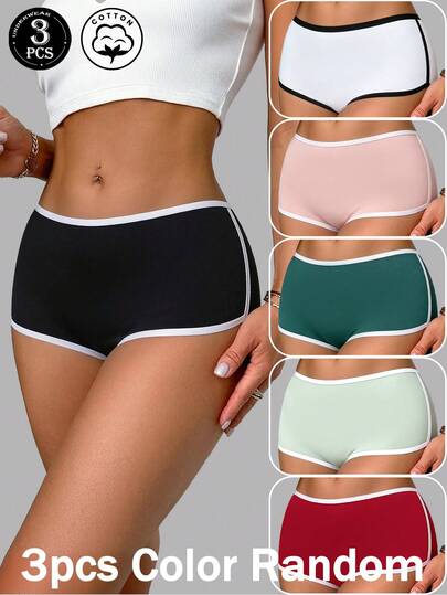 paquete de 3 bragas de algodón puro para mujer de colores aleatorios, ropa interior triangular minimalista suave y cómoda, estilo deportivo de bloques de color, adecuada para usar en casa y al aire libre en todas las estaciones