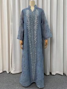 Solessence 女款亮片刺繡V領長袖A字洋裝，優雅派對婚禮穆斯林女裝，適合秋季 - 藍色 - 查看 6