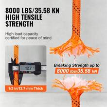 VEVOR Double Braided Polyester Rope, 1/2 In X 120 Ft, 48 Strands, 8000 LBS Breaking Strength Outdoor Climbing Rope, Arborist Rigging Rope For Rock Hiking Camping Swing Rappelling Rescue, Orange/Black - 1/2 in x 120 ft - 查看 5