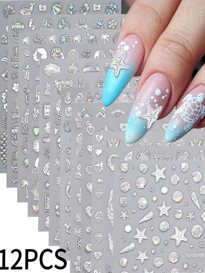 Bộ 12 miếng dán móng tay chủ đề đại dương mùa hè lấp lánh, hiệu ứng hologram, hình sao biển, rùa, vỏ sò, nàng tiên cá, mỏ neo và cây cọ 3D, tự dính, dùng để trang trí móng tay.