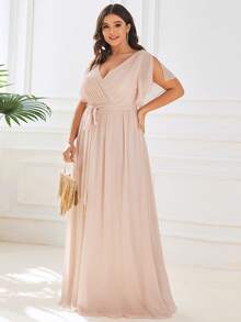 Elegant V-Neck Ruffle Sleeve Bridesmaid Formal Dress, Suitable For Wedding Guests, Brides, Mothers, Vacation In Summer Party - Apricot - View 6