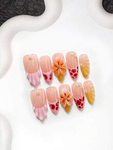 10片裝溫柔島嶼風手工穿戴甲，Polygel美甲套組，雕花花卉、水波紋理、珍珠裝飾，黃色、紅色、粉色指甲油，溫柔風格，附美甲工具，3種尺寸可選，杏仁形、鴨嘴形、棺材形，適合派對、舞蹈、日常配戴 - 彩色 - 查看 3