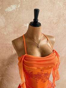 Vestido mini con volantes, gradiente naranja atardecer, con flores de strass, adecuado para vacaciones, citas, té de la tarde, playa, crucero, vacaciones en la isla, viaje a la ciudad, festival de música, vacaciones bohemias, fiesta, se puede usar dentro o fuera, conjunto de playa - Naranja - Ver 6