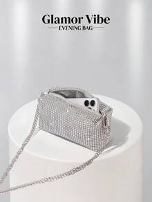 Sparkling Allover Rhinestone Silver Evening Bag, Shiny Sequin Square Crossbody Bag With Detachable Chain, Suitable For Wedding, Cocktail Party, Prom, Beach, Banquet - Silver - View 5