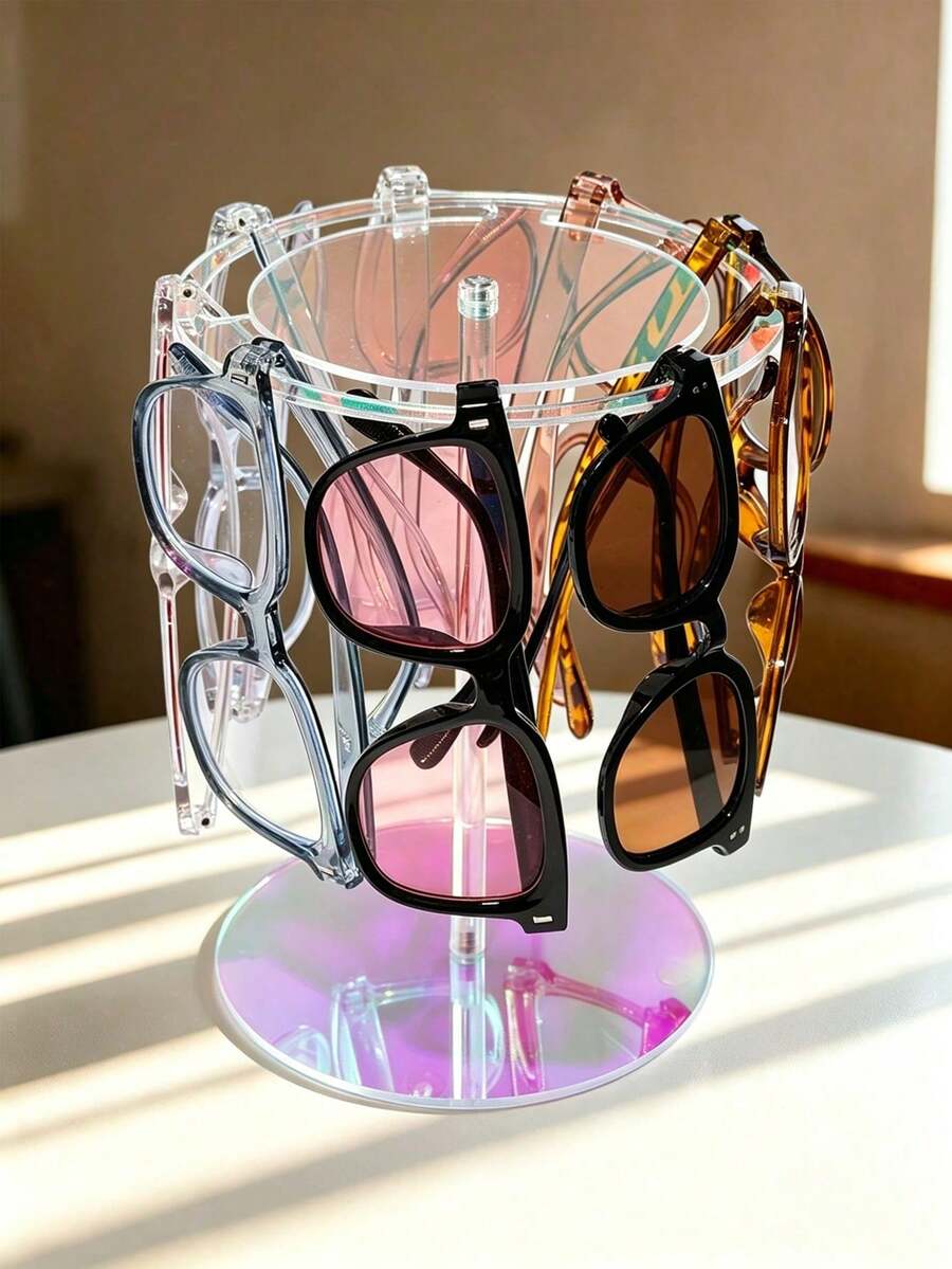 1pc Colorful Acrylic Fashion Glasses Display Stand, High-Quality Rainbow 360° Rotating Round Holder, Transparent Desktop Glasses Storage Rack