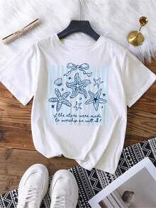 Áo thun nữ tay ngắn cổ tròn in hình sinh vật biển mùa hè, cỡ lớn, phù hợp mặc hàng ngày. - trắng - Xem 3