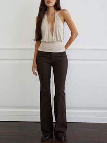 Women's Summer Halter Tops Stylish Solid Ruched Slim Fit Backless Sleeveless Vest - Champagne - View 4
