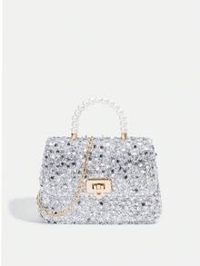 1 Peça Bolsa Elegante de Lantejoulas da Moda para Meninas, Bolsa de Ombro Transversal de Luxo Acolchoada, Bolsa Tote com Decoração de Pérola, Bolsa Série Pérola, Bolsa com Corrente, Bolsa Combinando Mãe e Filha, Carteira, Bolsa de Ombro com Alça Ajustável, Bolsa de Festa Dourada/Prateada, Adequada para Uso Diário, Festa, Viagem, Presente Ideal - 2184 lantejoulas - Visão 17