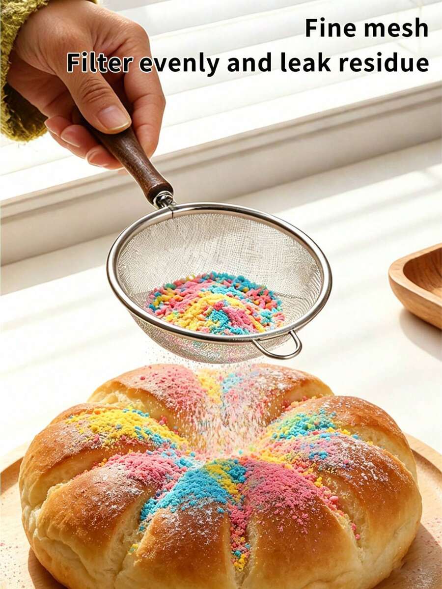 1pc Stainless Steel Diameter 8CM One-Handed Kitchen Flour Sifter, Wooden Handle Powder Sugar Shaker Dispenser - Multicolor - View 1