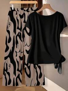 Conjunto de 2 piezas de camisa de manga corta con lazo lateral de unicolor y pantalones rectos sueltos con estampado de cara de sol para mujer - Multicolor 3 - Ver 8