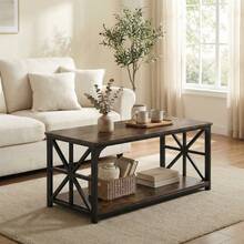 GOFLAME Rectangular Coffee Table With Open Storage Shelf, Industrial Farmhouse 2-Tier Accent Table, Heavy-Duty Metal Frame Center Table For Living Room, 109x50x48cm, Rustic Brown - Rust Brown - View 1